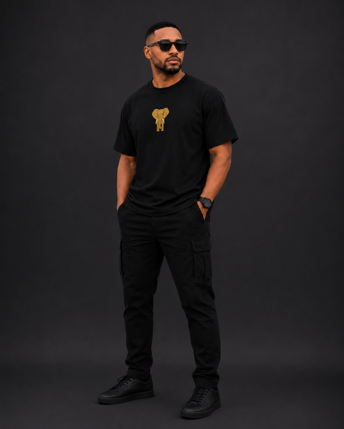 Male model wearing a black Royal Seriti elephant T-shirt